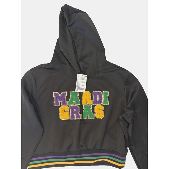 Women’s Mardi Gras Hoodie XL Black Long Sleeve Cropped Sweatshirt NWT - Picture 4 of 11
